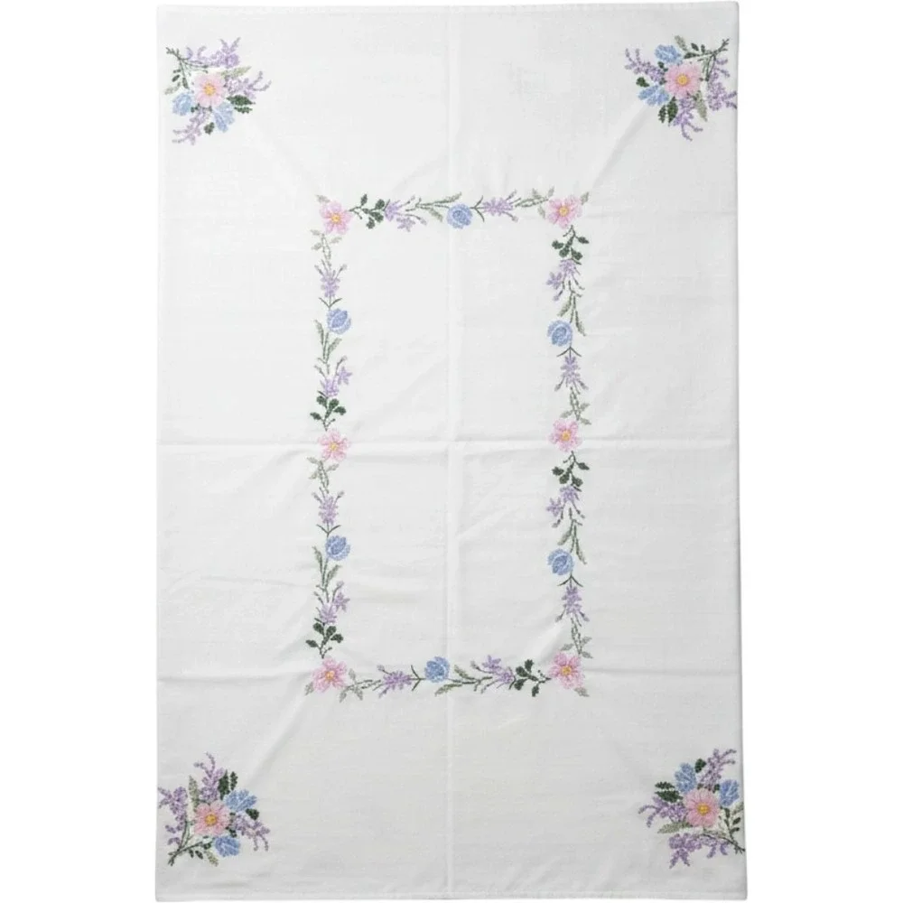 Vintage Floral Cross Stitch Embroidered White Rectangular Tablecloth Cottagecore